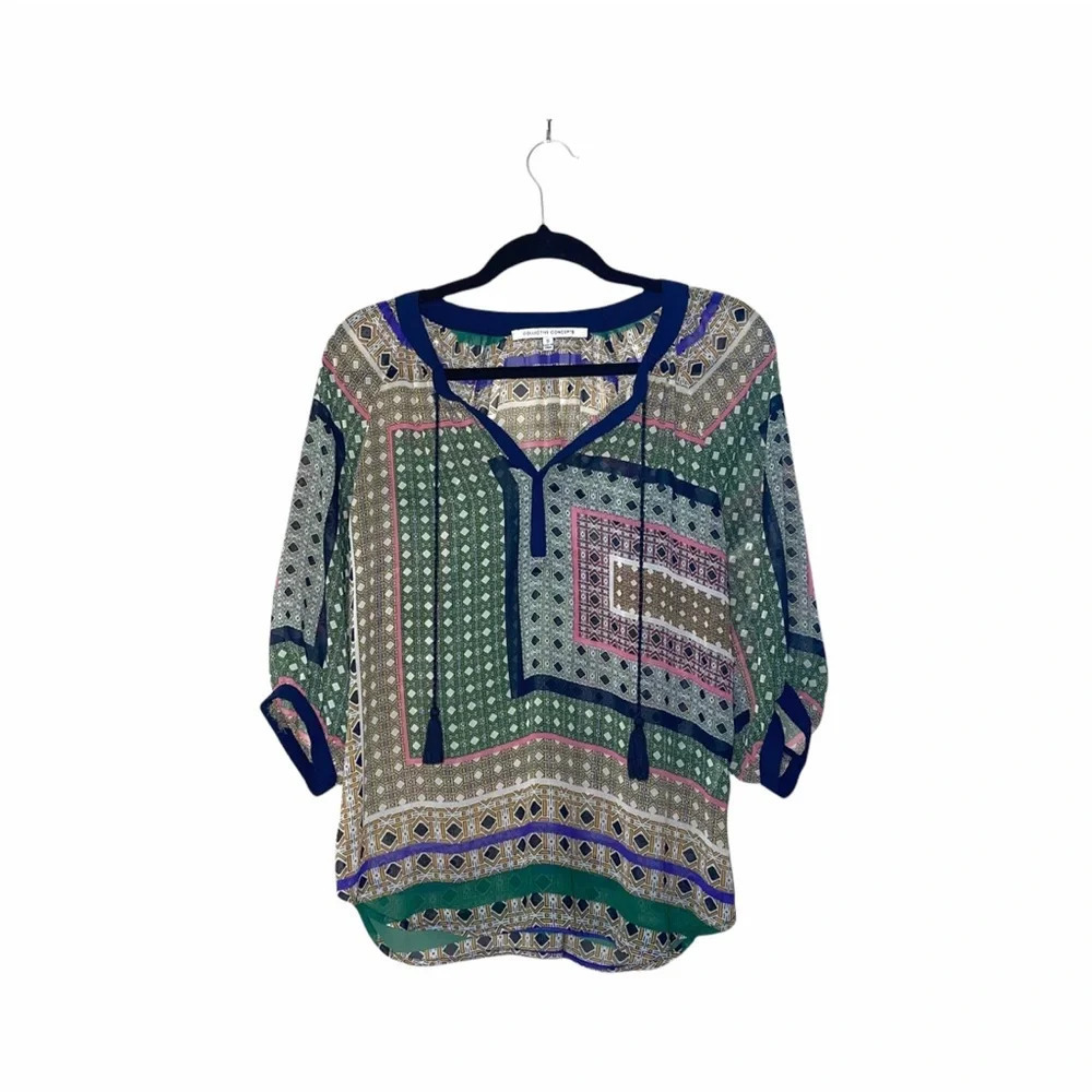 Collective Concepts Multicolor Printed Blouse Tassel Split Neck Boho Small Women